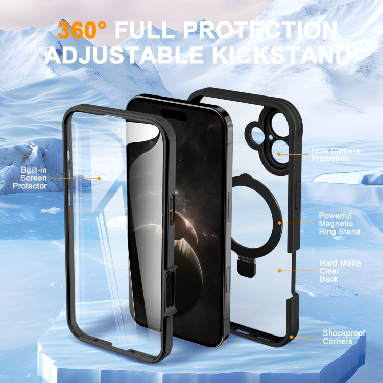 For iPhone 16 Skin Feel MagSafe Holder 360 Full Body Phone Case(Black) - iPhone 16 Cases by buy2fix | Online Shopping UK | buy2fix