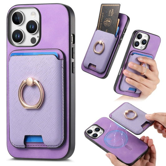 For iPhone 16 Pro Retro Cross Leather Card Bag MagSafe Phone Case(Purple) - iPhone 16 Pro Cases by buy2fix | Online Shopping UK | buy2fix