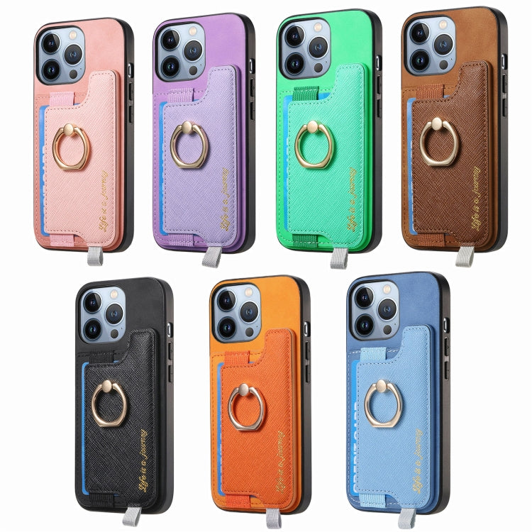 For iPhone 16 Plus Retro Magsafe Cross Leather Ring Holder Card Bag Phone Case(Purple) - iPhone 16 Plus Cases by buy2fix | Online Shopping UK | buy2fix