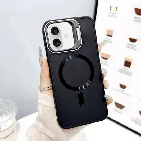 For iPhone 16 Plus CD Texture Frosted MagSafe Lens Holder Phone Case(Black) - iPhone 16 Plus Cases by buy2fix | Online Shopping UK | buy2fix