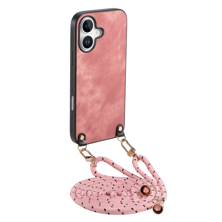 For iPhone 16 Vintage Leather PC Back Cover Phone Case with Crossbody Strap(Pink) - iPhone 16 Cases by buy2fix | Online Shopping UK | buy2fix