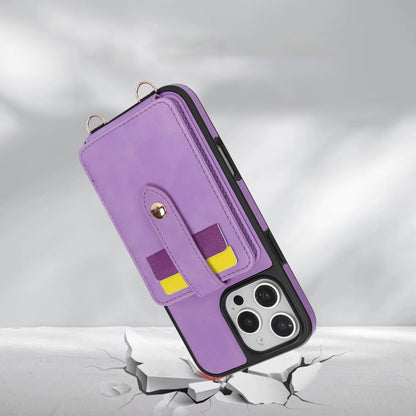 For iPhone 16 Crossbody Skin Card Bag Lanyard Phone Case(Purple) - iPhone 16 Cases by buy2fix | Online Shopping UK | buy2fix