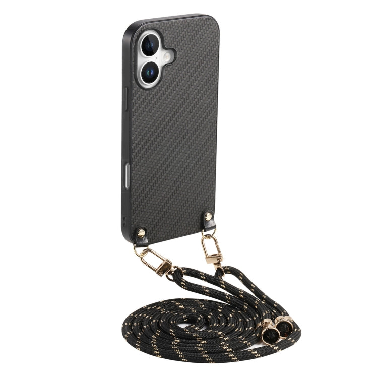 For iPhone 16 Carbon Fiber Texture Leather Back Phone Case with Crossbody Strap(Black) - iPhone 16 Cases by buy2fix | Online Shopping UK | buy2fix