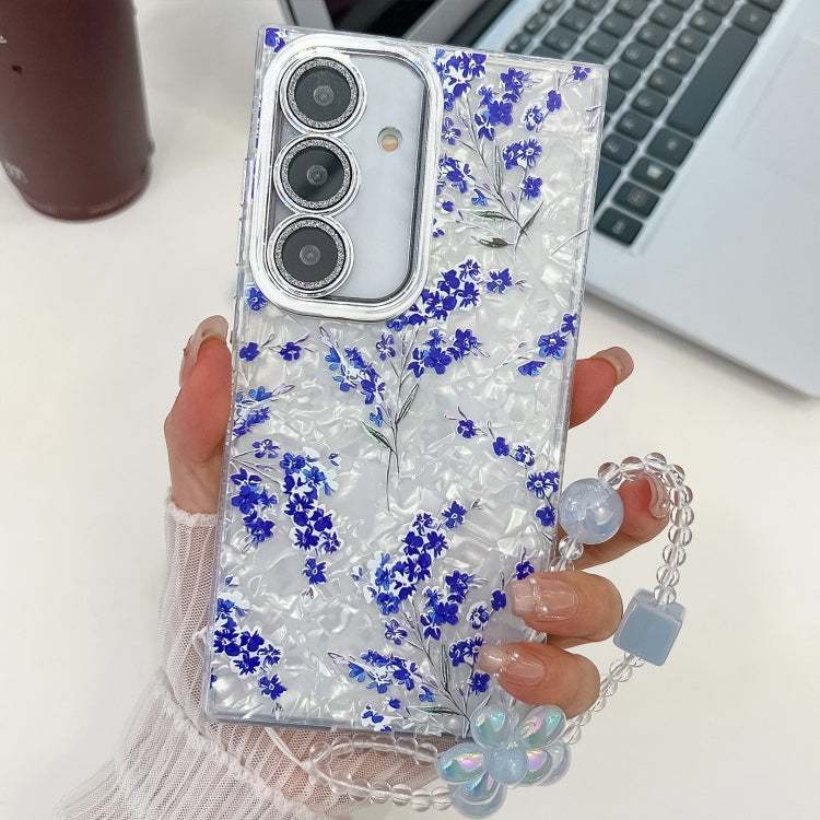 For Samsung Galaxy S25 5G Electroplating Flowers Plants Texture Wristband TPU Phone Case(Blue Flower FL13) - Galaxy S25 5G Cases by buy2fix | Online Shopping UK | buy2fix