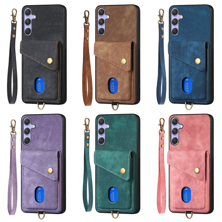 For Samsung Galaxy S25 Ultra 5G Retro Card Wallet Fold Leather Phone Case with Strap(Purple) - Galaxy S25 Ultra 5G Cases by buy2fix | Online Shopping UK | buy2fix