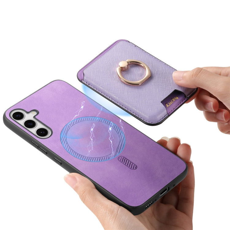 For Samsung Galaxy S25 5G Retro Cross Leather Ring Vertical Insert Card Bag MagSafe Phone Case(Purple) - Galaxy S25 5G Cases by buy2fix | Online Shopping UK | buy2fix