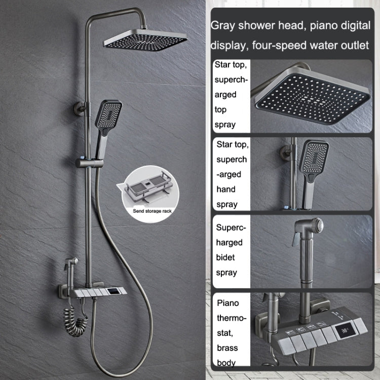 Piano Digital Display Full Copper Faucet Square Nozzle Shower Set, Color: Grey - Shower Head by buy2fix | Online Shopping UK | buy2fix