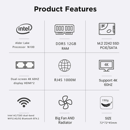 N100/DDR5 12th AlderLake-N100 Dual 4K60Hz Office And Home Mini PC, Spec: 12G+1TB /UK Plug - Windows Mini PCs by buy2fix | Online Shopping UK | buy2fix