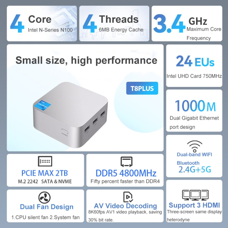 T8Plus Alder Lake-N100 4K Dual Band WIFI Bluetooth Office Game Portable Mini PC, Spec: 16G 256G EU Plug - Windows Mini PCs by buy2fix | Online Shopping UK | buy2fix