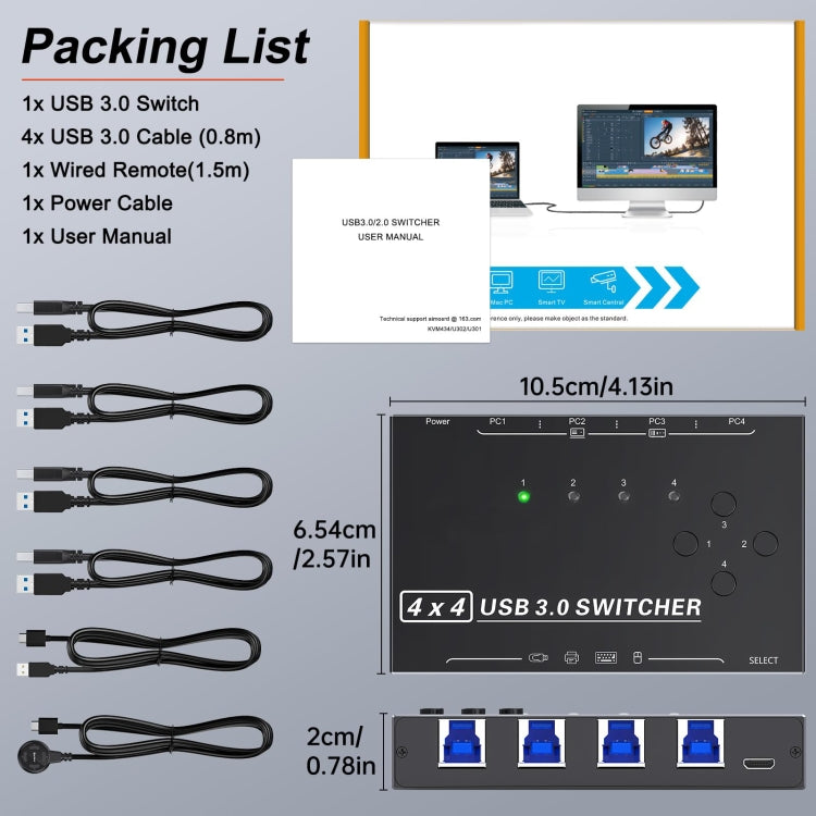 KC-KM434B USB3.0 4 Port USB Shared Device 4 Port Printer Sharing Device Keyboard Mouse Switch - Switch by buy2fix | Online Shopping UK | buy2fix