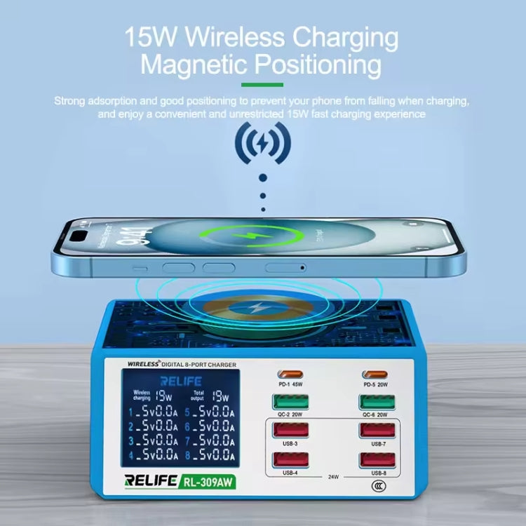 RELIFE RL-309AW  QC3.0 PD Fast Wireless Charger With LCD Display 8 Ports(EU Plug) - Multifunction Charger by RELIFE | Online Shopping UK | buy2fix
