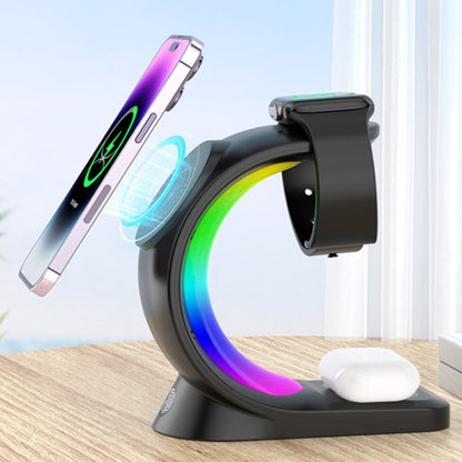 T17 3-in-1 RGB Atmosphere Light MagSafe Phone Watch Earphone Wireless Charger, Color: Black with EU Plug - Wireless Charger by buy2fix | Online Shopping UK | buy2fix