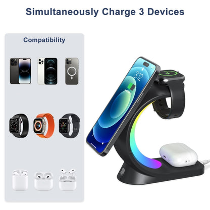 T17 3-in-1 RGB Atmosphere Light MagSafe Phone Watch Earphone Wireless Charger, Color: Black with  AU Plug - Wireless Charger by buy2fix | Online Shopping UK | buy2fix