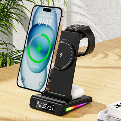 5-in-1 Desktop Magnetic Wireless Charger with Clock and Temperature Display for Smartphones / Watches / Earphones(Black) - Wireless Charger by buy2fix | Online Shopping UK | buy2fix