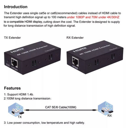 HDMI To RJ45 Single Ethernet Cable 100m Extender 4K HD Cable Signal Amplifier US Plug(Silver) - Amplifier by buy2fix | Online Shopping UK | buy2fix