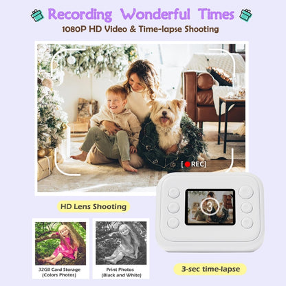 2.0-Inch LED Flash 1080P HD Recording Photo Printing Camera With 3-Rolls Paper, Color: Purple+32G - Children Cameras by buy2fix | Online Shopping UK | buy2fix