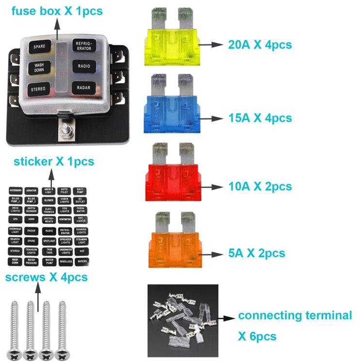 1 in 6 Out Fuse Box PC Terminal Block Fuse Holder Kits with LED Warning Indicator for Auto Car Truck Boat - In Car by buy2fix | Online Shopping UK | buy2fix