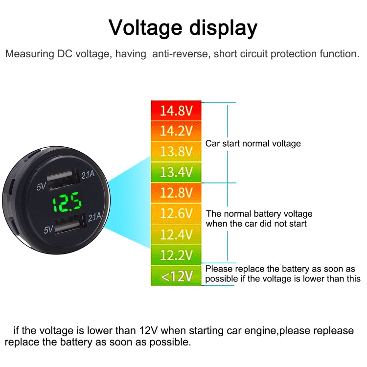 Universal Car Dual Port USB Charger Power Outlet Adapter 4.2A 5V IP66 with LED Digital Voltmeter + 60cm Cable(Green Light) - In Car by buy2fix | Online Shopping UK | buy2fix