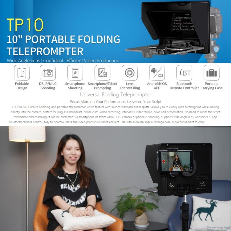 FEELWORLD TP10 Portable 10-inch Folding Teleprompter with Remote Control Lens Adapter Ring For Below 10 inches Smartphone / Tablet (Black) - Other Accessories by FEELWORLD | Online Shopping UK | buy2fix