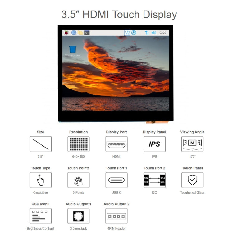 Waveshare 3.5 inch HDMI Capacitive Touch IPS LCD Display (E), 640 x 480, Audio Jack - Modules Expansions Accessories by WAVESHARE | Online Shopping UK | buy2fix