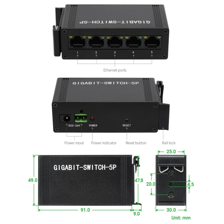 Waveshare Industrial 5P Gigabit Ethernet Switch, Full-Duplex 10/100/1000M, DIN Rail Mount - Consumer Electronics by WAVESHARE | Online Shopping UK | buy2fix