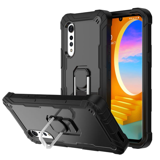 For LG Velvet PC + Rubber 3-layers Shockproof Protective Case with Rotating Holder(Black) - Mobile Accessories by buy2fix | Online Shopping UK | buy2fix