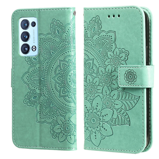 For OPPO Reno6 5G 7-petal Flowers Embossing Pattern Horizontal Flip PU Leather Case with Holder & Card Slots & Wallet & Photo Frame(Green) - OPPO Cases by buy2fix | Online Shopping UK | buy2fix