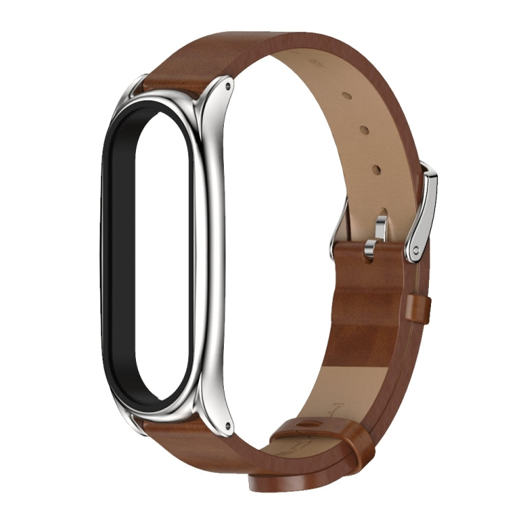 For Xiaomi Mi Band 6 / 5 / 4 / 3 Mijobs Metal Case Crazy Horse Texture PU Microfiber Plus Watch Band(Brown Silver) - Watch Bands by MIJOBS | Online Shopping UK | buy2fix