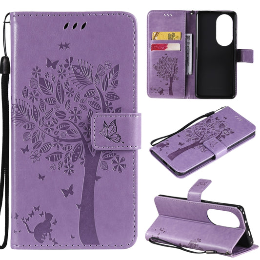 For Huawei P50 Pro Tree & Cat Pattern Pressed Printing Horizontal Flip PU Leather Case with Holder & Card Slots & Wallet & Lanyard(Light Purple) - Huawei Cases by buy2fix | Online Shopping UK | buy2fix