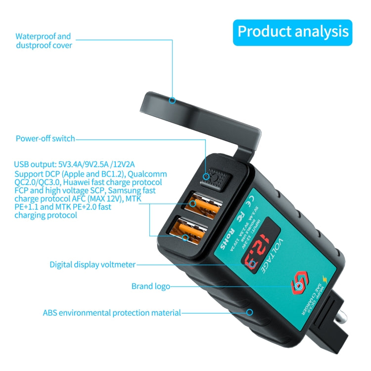 WUPP ZH-1422A2 DC12-24V Motorcycle Square Dual USB Fast Charging Charger with Switch + Voltmeter + Integrated SAE Socket + 1m SAE Socket Cable - In Car by WUPP | Online Shopping UK | buy2fix