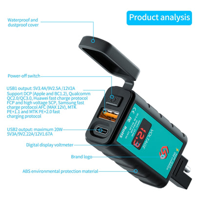 WUPP ZH-1422B2 DC12-24V Motorcycle Square Single USB + PD Fast Charging Charger with Switch + Voltmeter + Integrated SAE Socket + 1m SAE Socket Cable - In Car by WUPP | Online Shopping UK | buy2fix