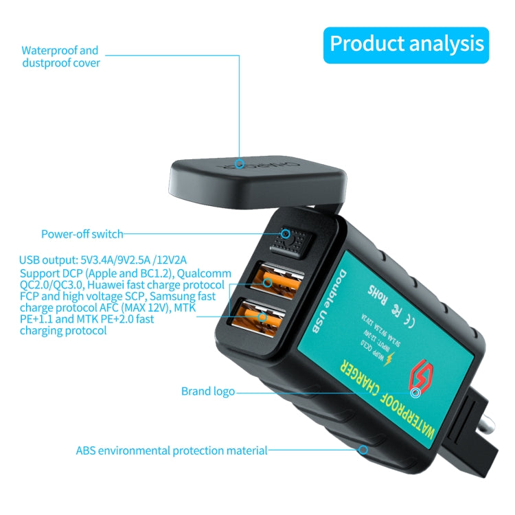 WUPP ZH-1422C3 Motorcycle Square Dual USB Fast Charging Charger with Switch + Integrated SAE Socket + 1.4m OT Terminal Cable - Battery Charger by WUPP | Online Shopping UK | buy2fix