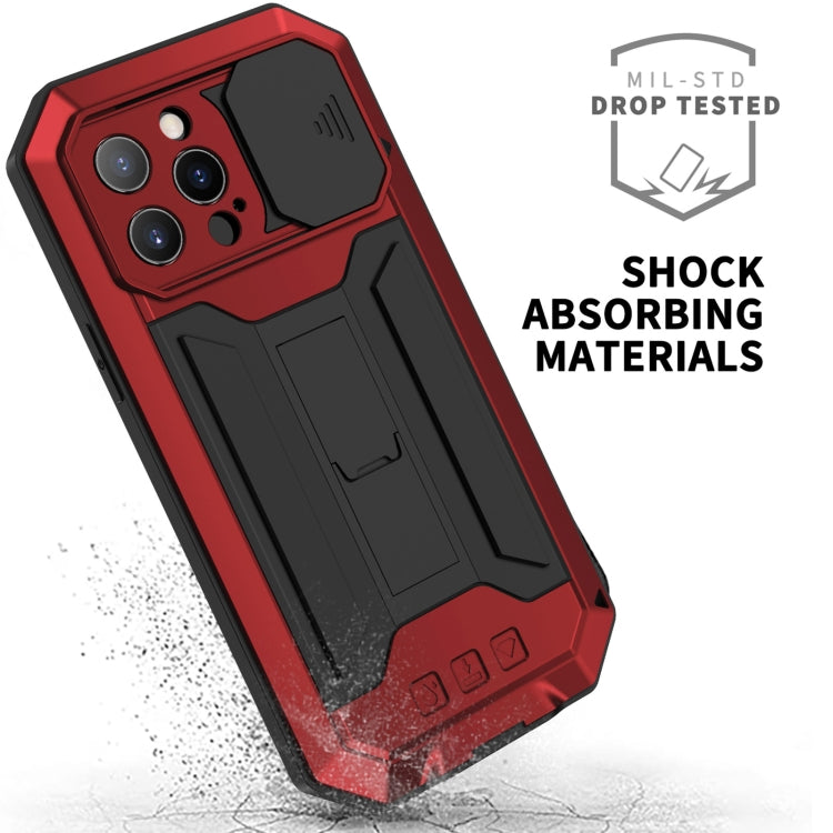 For iPhone 13 Pro Max R-JUST Sliding Camera Shockproof Life Waterproof Dust-proof Metal + Silicone Protective Case with Holder (Red) - iPhone 13 Pro Max Cases by R-JUST | Online Shopping UK | buy2fix