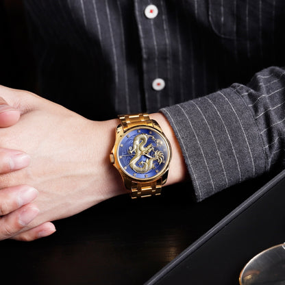 SKMEI 9193 Men Golden Dragon Pattern Calendar Dial Luminous Quartz Watch(Silver Black) - Metal Strap Watches by SKMEI | Online Shopping UK | buy2fix