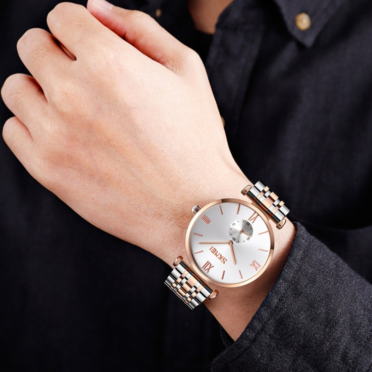 SKMEI 9198 Simple Roman Numeral Dial Metal Belt Quartz Watch for Couples(Rose Gold Black Men) - Couple Watches by SKMEI | Online Shopping UK | buy2fix