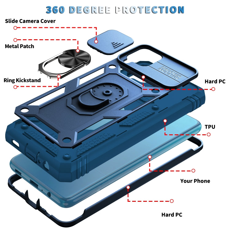 For Samsung Galaxy A12 Sliding Camera Cover Design TPU + PC Protective Case with 360 Degree Rotating Holder & Card Slot(Blue+Blue) - Samsung Accessories by buy2fix | Online Shopping UK | buy2fix