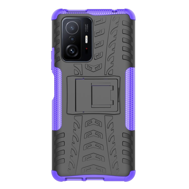 For Xiaomi Mi 11T Tire Texture TPU + PC Phone Case with Holder(Purple) - Xiaomi Accessories by buy2fix | Online Shopping UK | buy2fix