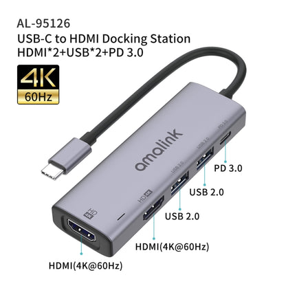 amalink 95126 Type-C / USB-C to Dual HDMI + 2 Ports USB + PD 3.0 Multi-function HUB(Grey) - Computer & Networking by amalink | Online Shopping UK | buy2fix