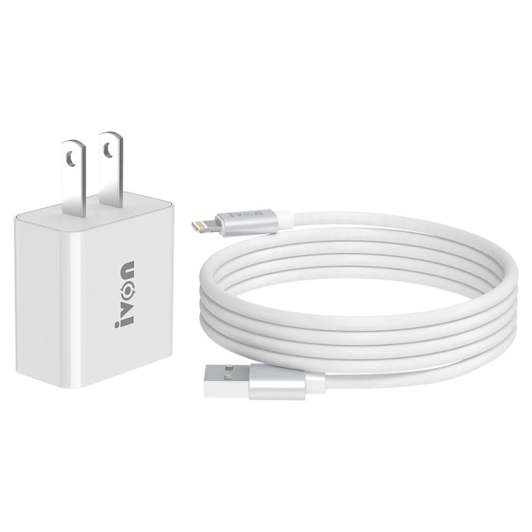 IVON AD-35 2 in 1 18W QC3.0 USB Port Travel Charger + 1m USB to 8 Pin Data Cable Set, US Plug(White) - USB Charger by IVON | Online Shopping UK | buy2fix