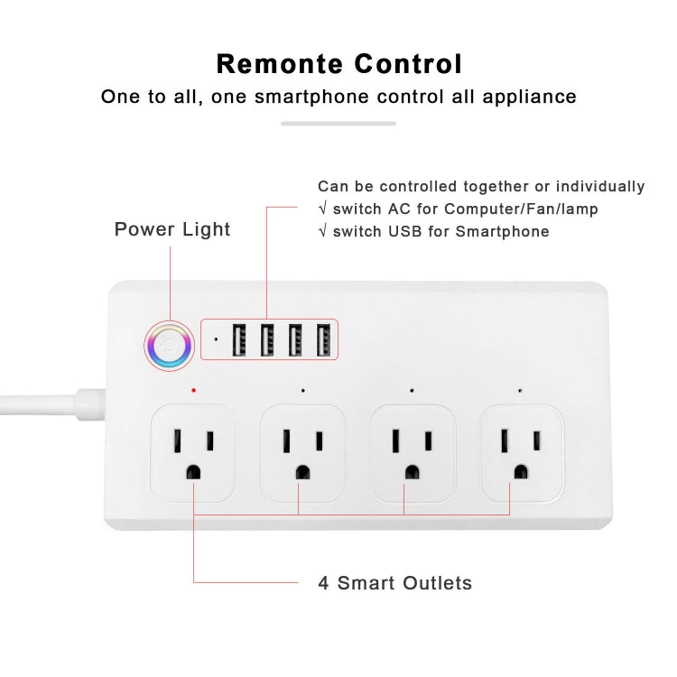 WiFi 10A SM-SO301-U 2500W 4 Holes + 4 USB Smart Power Strip, US Plug(White) - Smart Socket by buy2fix | Online Shopping UK | buy2fix