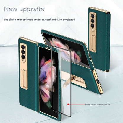 For Samsung Galaxy Z Fold4 Cross Texture Integrated Electroplating Hinge Flip Phone Case with Tempered Film(Cyan) - Galaxy Z Fold4 5G Cases by buy2fix | Online Shopping UK | buy2fix