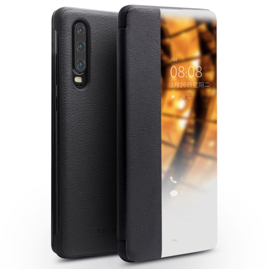 For Huawei P30 QIALINO Genuine Leather Side Window View Smart Phone Case(Black) - Huawei Cases by QIALINO | Online Shopping UK | buy2fix