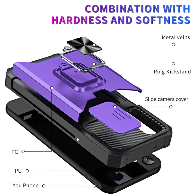 For Samsung Galaxy A14 5G Sliding Camshield Phone Case with Ring Holder & Card Slot(Purple) - Galaxy Phone Cases by buy2fix | Online Shopping UK | buy2fix