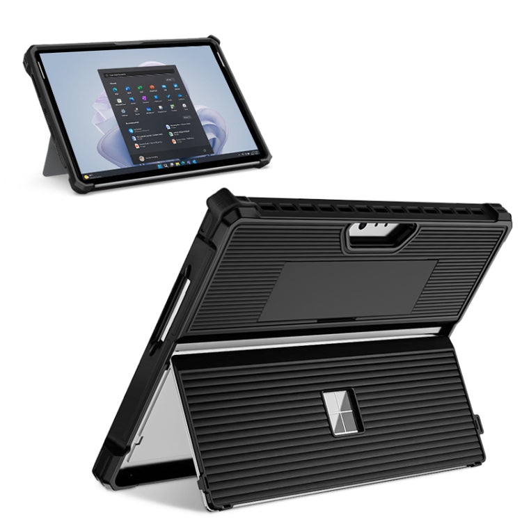 For Microsoft Surface Pro 9 Striped Hollow Tablet Case with Holder Cover and Shoulder Strap(Black) - Others by buy2fix | Online Shopping UK | buy2fix