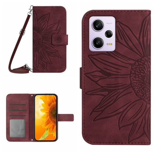 For Xiaomi Redmi Note 12 Pro 5G China Skin Feel Sun Flower Pattern Flip Leather Phone Case with Lanyard(Wine Red) - Note 12 Pro Cases by buy2fix | Online Shopping UK | buy2fix