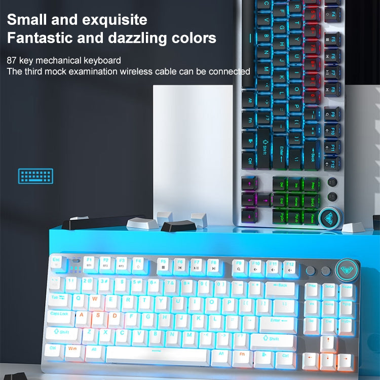 AULA F3001 Backlit 87 Keys Wired/Wireless/Bluetooth Three Model Mechanical Gaming Keyboard(Silver White Tea Shaft) - Wireless Keyboard by AULA | Online Shopping UK | buy2fix