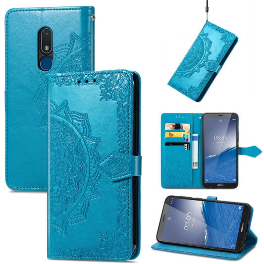 For Nokia C3 Mandala Flower Embossed Leather Phone Case(Blue) - Nokia Cases by buy2fix | Online Shopping UK | buy2fix