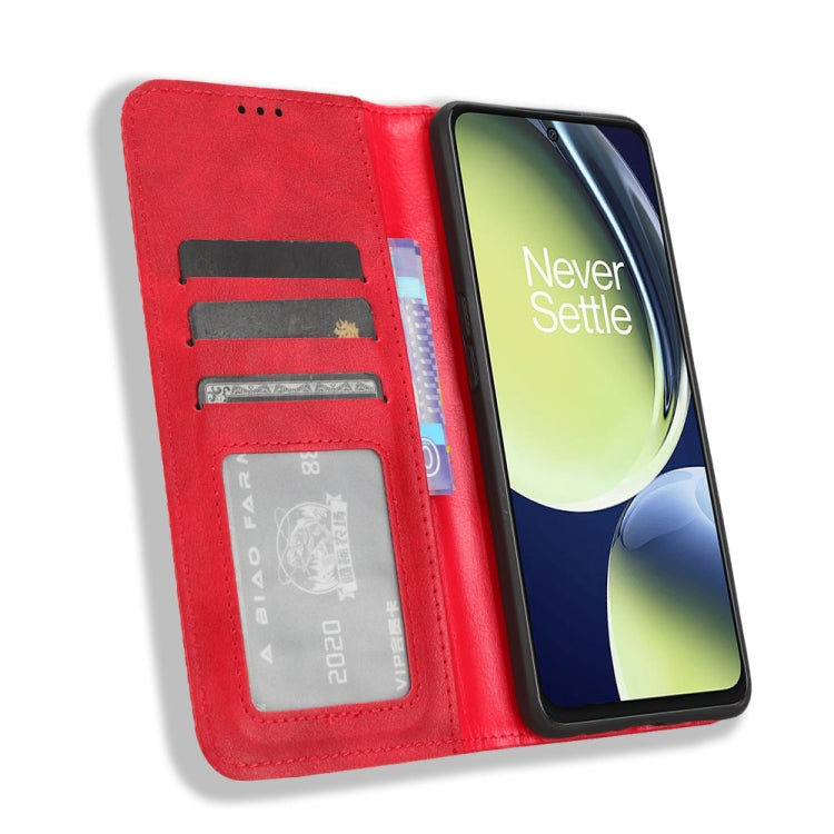 For OnePlus Nord CE 3 Lite Magnetic Buckle Retro Texture Leather Phone Case(Red) - OnePlus Cases by buy2fix | Online Shopping UK | buy2fix