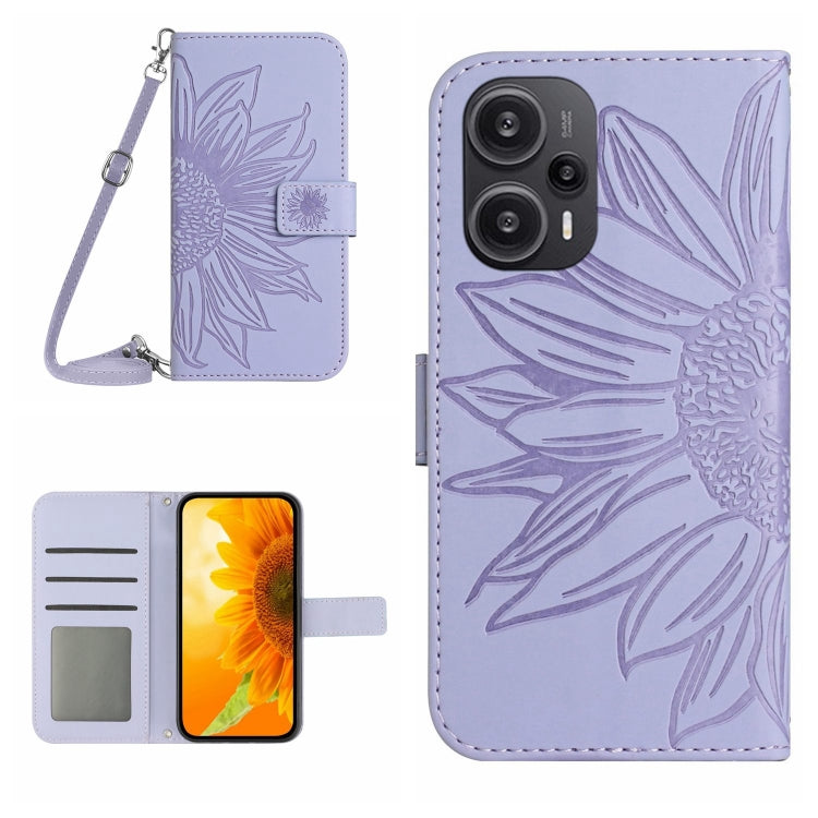 For Xiaomi Poco F5 Skin Feel Sun Flower Embossed Flip Leather Phone Case with Lanyard(Purple) - Xiaomi Cases by buy2fix | Online Shopping UK | buy2fix