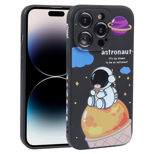 For iPhone 14 Pro Milk Tea Astronaut Pattern Liquid Silicone Phone Case(Ivory Black) - iPhone 14 Pro Cases by buy2fix | Online Shopping UK | buy2fix